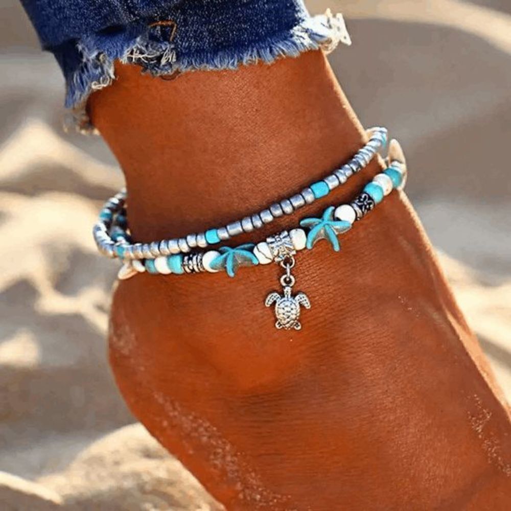 TURQUOISE SILVER AND WHITE BEADED STARFISH TURTLE MULTILAYER ANKLET
